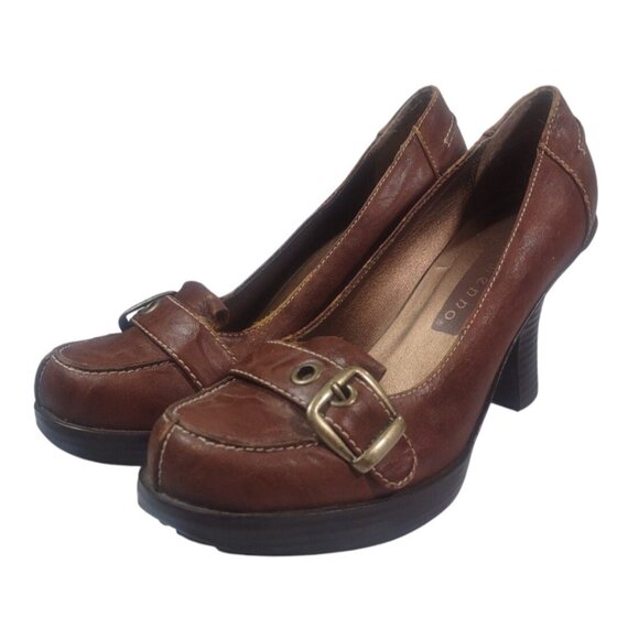 Y2K Ellemenno Chunky Heel Big Buckle Faux Leather Brown Heels Office Siren 7.5M - Picture 1 of 7